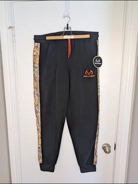 Realtree Black Joggers with Camo Side Panels and Orange Accents
